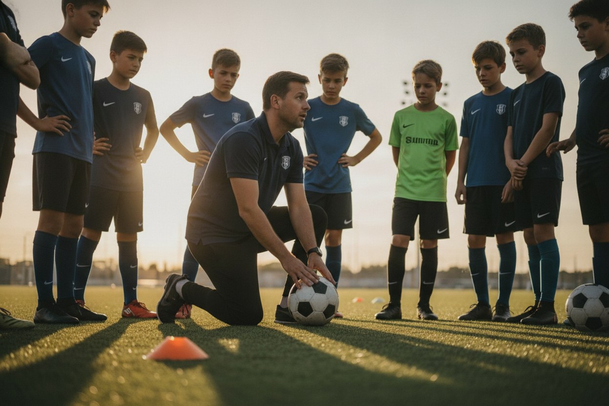 Antrenör sahada genç sporcularla teknik çalışma yapıyor