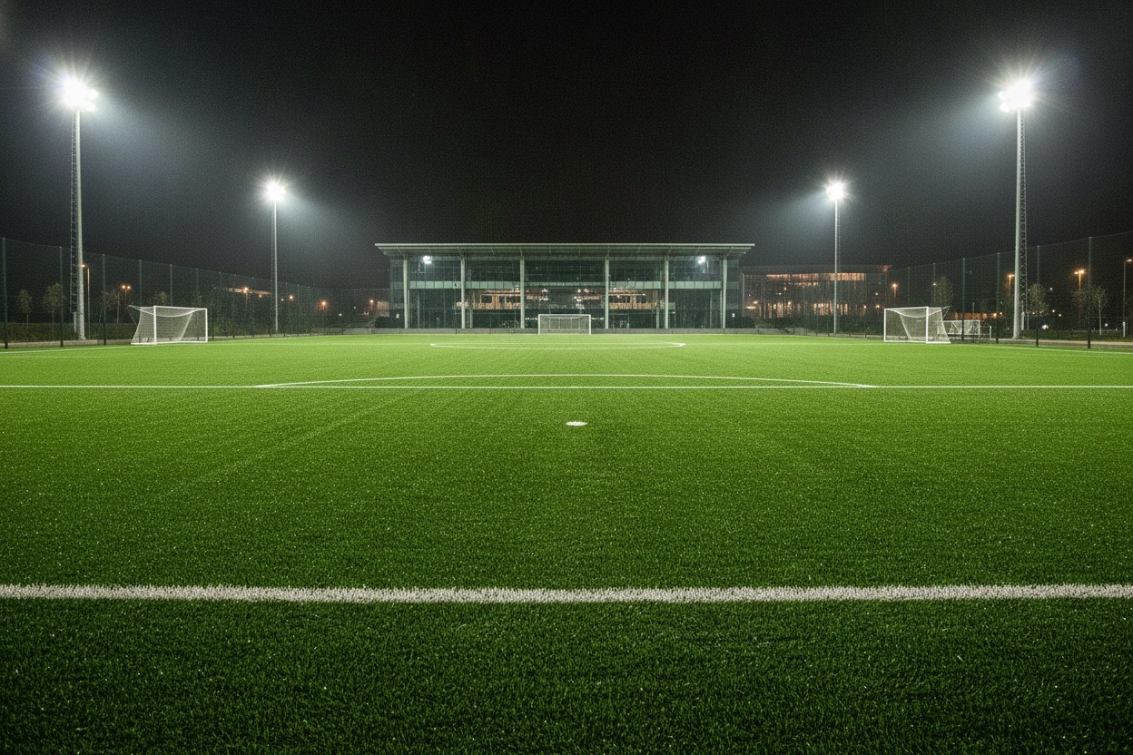 Sentetik çim futbol sahası gece aydınlatma altında