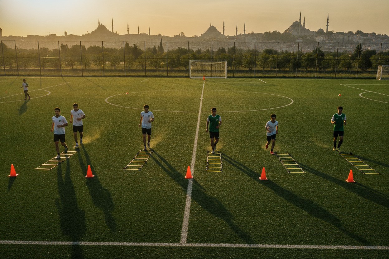 Futbol kampında antrenman yapan genç sporcular